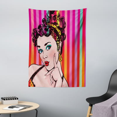 ABAKUHAUS Kunsttapijt, Vrouw met blauwe ogen en gestreepte achtergrond, 110 x 150 cm, Rode eierschaal meerkleurig