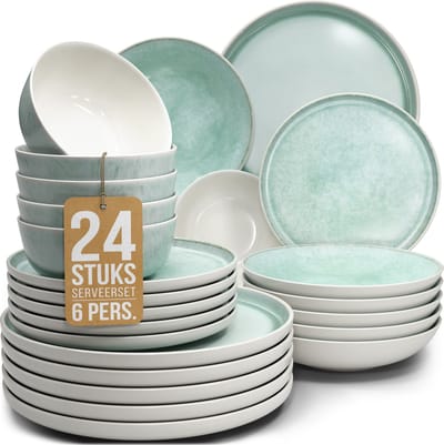 Pure Living Ibiza Light 24-Delig Serviesset - Turquoise - Massief Aardewerk - 6 Personen - Geschikt Voor Dagelijks Gebruik