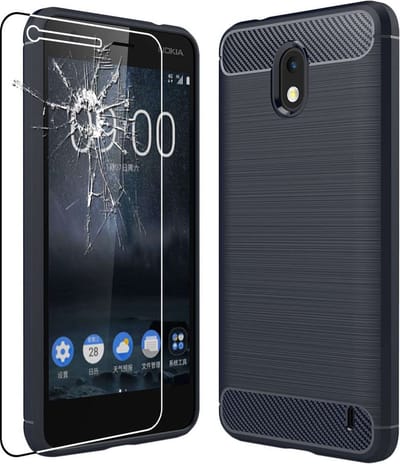 ebestStar - Hoes geschikt voor Nokia Nokia 2, TPU Bescherming Cover, Koolstof Design Hoesje, Donkerblauw + Gehard Glas