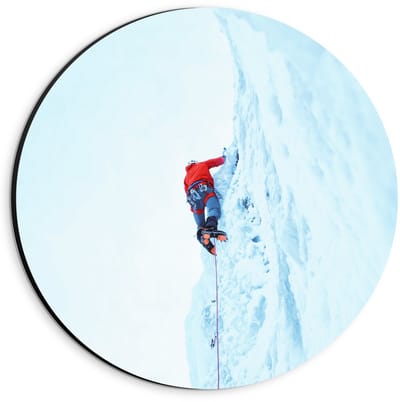 Dibond Wandcirkel - Ijsberg Beklimmend Persoon - 20x20cm Foto op Aluminium Wandcirkel (met ophangsysteem)