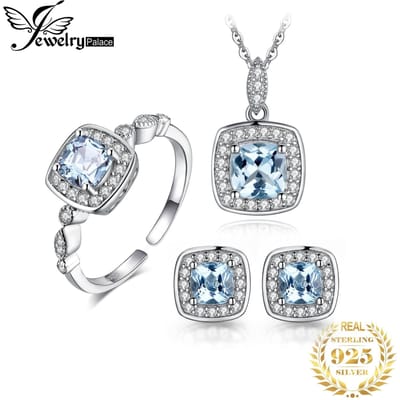 Véritable Topaze Bleue Argent Sterling 925 Boucles d'Oreilles Puces Pendentif Collier Bague Ouverte Réglable Ensemble de Bijoux pour Femmes white