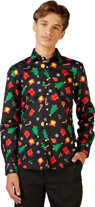 OppoSuits Christmas Icons Black - Tieners Kerst Overhemd - Kerst Shirt Met Kerstbomen - Zwart - Maat: 12 jaar