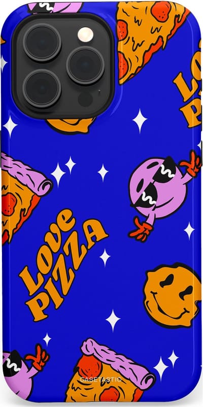 Casetastic hoesje geschikt voor Apple iPhone 15 Pro Max - MagSafe - Dubbellaagse bescherming - Funky Pizza - Fashion Case - Paars Okergeel Donkerblauw Bruin