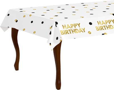 LUQ – Tafelkleed Celebration Happy Birthday – Zwart-Wit-Goud – Luxe Verjaardag Decor – Feest Versiering – Instant Glam