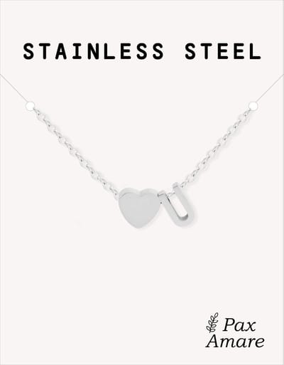 Letter U Ketting Zilverkleurig - Stainless Steel - Initiaal & Hartje Hanger - Initialen Ketting op Cadeau Kaartje - Pax Amare