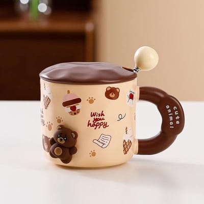 Magnetische Mok met Deksel Lepel Creatieve Persoonlijkheid Keramische Waterbeker Schattige Cartoon Grote Capaciteit Kantoor Koffiekop 400ml
