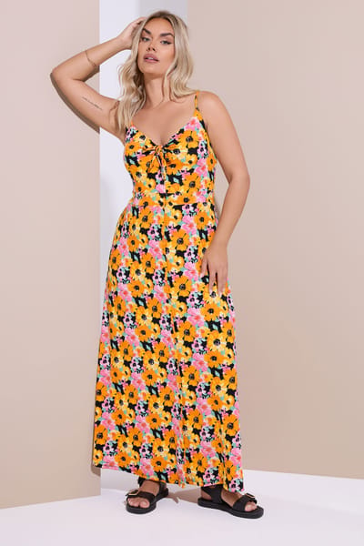 Yours Zwarte En Oranje Maxijurk Met Bloemenprint Size 48