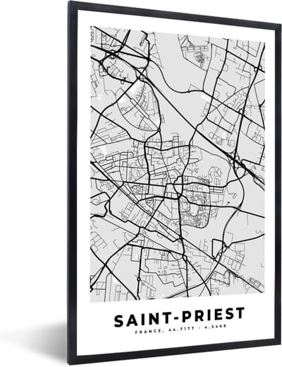 Fotolijst incl. Poster - Frankrijk – Saint-Priest – Stadskaart – Plattegrond – Kaart - 40x60 cm - Posterlijst