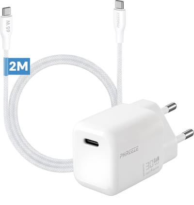 GaN usb C snellader 30w met usb C naar usb C kabel 2 meter - Gevlochten Wit
