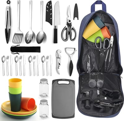 Famanu – Camping kookgerei set, alles-in-één kookset met roestvrijstalen gereedschap en borden voor 4 personen, ideaal voor outdoor en picknick