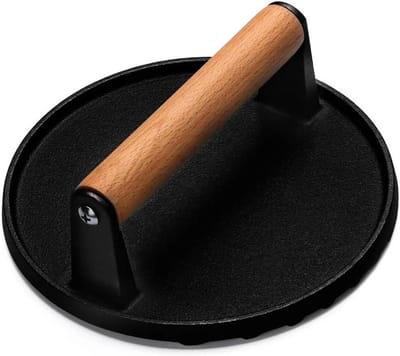 Ronde Gietijzeren Pers - Burgerpers Bacon - Vlees Grillen - Houten Handvat - 18 cm Doorsnede - Zwart