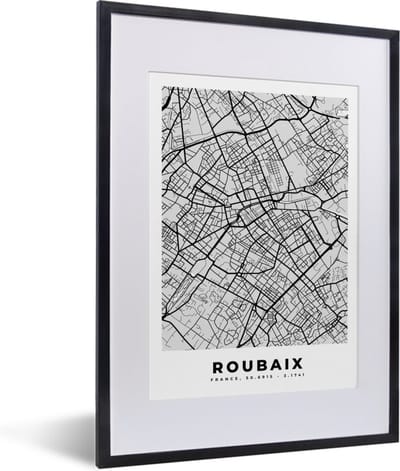 Fotolijst incl. Poster - Plattegrond - Kaart - Stadskaart - Frankrijk - Roubaix - 30x40 cm - Posterlijst