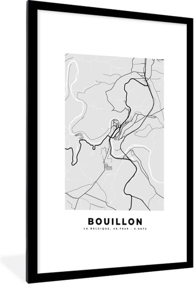Fotolijst incl. Poster Zwart Wit- België – Bouillon – Stadskaart – Kaart – Zwart Wit – Plattegrond - 60x90 cm - Posterlijst