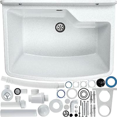 Kunststof Gootsteen 61 x 44 cm met Overloop en Accessoires voor Wasruimte en Tuin