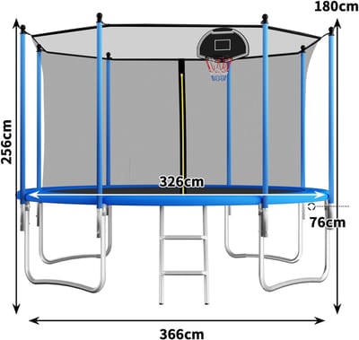 Trampoline voor buiten van 366 cm/12 ft, met verstevigde dwarsbalken, stabiel, robuust en duurzaam, constructie uit één stuk, geschikt voor kinderen en volwassenen.