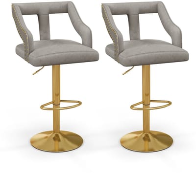 Bar stoelen - Set van 2 Barkrukken Barstoel Keukenstoel 360 -Graden Draaibaar en in Hoogte Verstelbaar bar stoelen - met Voetensteun - Grijs en goud