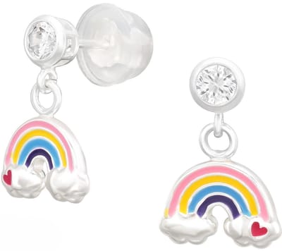 Joy|S - Zilveren regenboog oorbellen - massief - regenboog met hartje bedel - zirkonia oorknoppen - kinderoorbellen - extra zacht sluiting (vlindersluiting met siliconen omhulsel) -