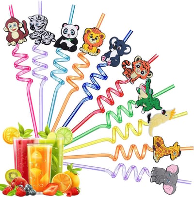 Herbruikbare rietjes voor kinderen, jungledieren, gekruld, van kunststof, voor decoratie van verjaardagsfeesten, safari en kinderevenementen, grappige accessoires
