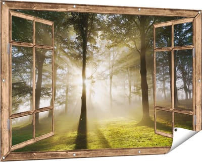 Gards Tuinposter Doorkijk Zon tussen de Bomen - 150x100 cm - Tuindoek - Tuindecoratie - Wanddecoratie buiten - Tuinschilderij