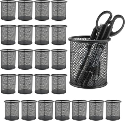 24 Pack 9x10cm Metalen Pennenhouder - Zwart Gaas, Ronde Pot voor Desk Organizer, Perfect voor Thuis en Kantoor, Pennenopslag en Organisatie