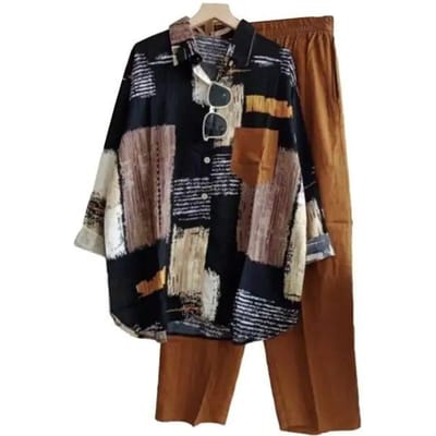 Ensemble 2 pièces chemise et pantalon à revers à manches longues et taille élastique ample pour femme, ensemble chemisier et pantalon décontractés et doux One Size café