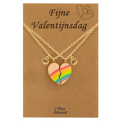 Koppel Ketting voor 2 'Fijne Valentijnsdag' - Magnetisch Regenboog Hartje - Vriendschapsketting op Cadeau Kaartje - 45cm + 5cm verstelbaar - Goudkleurig - BFF Hanger - Pax Amare