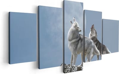 Artaza Canvas Schilderij Vijfluik Twee Wolven Die Huilen Tijdens Volle Maan - 100x50 - Foto Op Canvas - Canvas Print