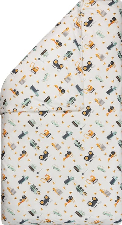 BINK Bedding Dekbedovertrek Bram ledikant 100 x 135 cm exclusief sloop - auto's - vrachtwagen - kiepwagen - tractor - werkvoertuigen - mintgroen - ecru - oranje - geel - grijs - tweezijdig - katoen - jongens - baby - peuter