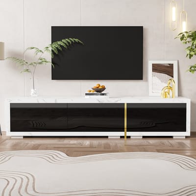 Wishdor Tv-Meubel - Uitschuifbaar En Draaibaar - Variabele Lengte 140-260 Cm - Mdf En Spaanplaat - Zwart En Witte Marmerlook