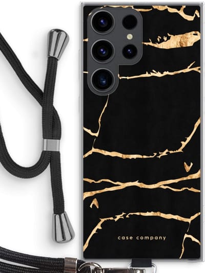 Case Company® - Hoesje met koord geschikt voor Samsung Galaxy S23 Ultra hoesje met Koord - Gouden marmer - Telefoonhoesje met Zwart Koord - Bescherming aan alle Kanten en Over de Schermrand