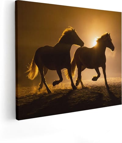 Artaza Canvas Schilderij Paarden - 100x80 cm - Groot - Wanddecoratie Zonsondergang - Muurdecoratie Dieren - Schilderijen Op Canvas