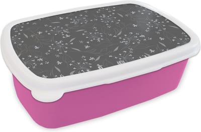 Broodtrommel Roze - Lunchbox - Brooddoos - Bloemen - Wit - Patronen - 18x12x6 cm - Kinderen - Meisje