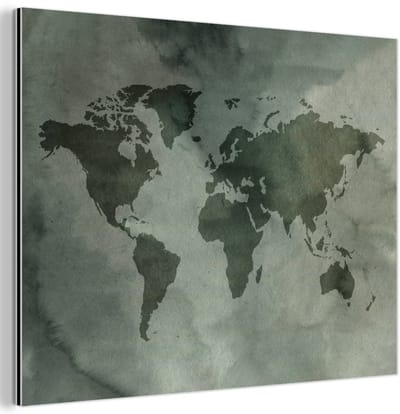 Aluminium schilderij 120x90 cm - Wanddecoratie metaal - Wereldkaart - Grijs - Waterverf - Metalen muurdecoratie woonkamer - Decoratie industrieel - Foto op dibond - Industriële accessoires slaapkamer