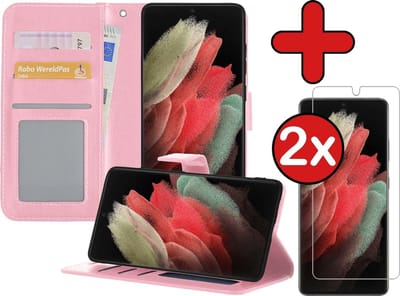 Hoesje - Met 2x Screenprotector - Geschikt voor Samsung Galaxy S21 Ultra - Luxe Pasjeshouder - Flip Case - Bookcase Portemonee - Kunstleer Book Case - Flipcase Hoes - Book Cover - Walletcase - Portemonneehoes - Telefoonhoes - Lichtroze
