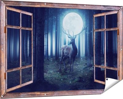 Gards Tuinposter Doorkijk Hert in het Bos tijdens Volle Maan - 150x100 cm - Tuindoek - Tuindecoratie - Wanddecoratie buiten - Tuinschilderij