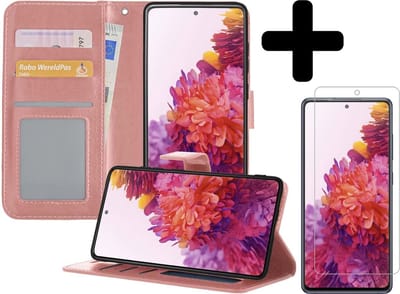 Hoesje - Met Screenprotector - Geschikt voor Samsung Galaxy S20 FE - Luxe Pasjeshouder - Bookcase Portemonee - Flip Case - Kunstleer Book Case - Flipcase - Book Cover - Walletcase - Portemonneehoes - Telefoonhoesjes - Rosé goud