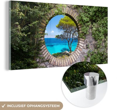 MuchoWow® Glasschilderij 40x20 cm - Schilderij acrylglas - Zee - Boom - Tropisch - Doorkijk - Foto op glas - Schilderijen