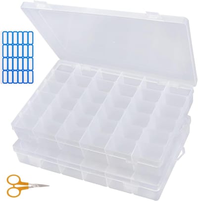 Set van 2 Opbergdozen met 36 Compartimenten, Transparante Plastic Dozen voor Sieraden, Kralen en Mini Items met Labels en Schaar