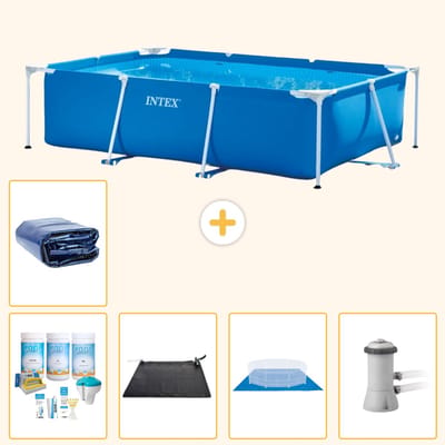 Intex Rechthoekig Frame Zwembad - 300 x 200 x 75 cm - Blauw - Inclusief Onderhoudspakket - Solar Mat - Grondzeil - Zwembadfilterpomp - Solarzeil - 6-delig