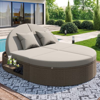 Rotan dubbele ligstoel, ligbed voor buiten, tuinstoel met zijplank, dubbele ligstoel 2-persoons klaptafel, tuin relax ligstoel, individueel verstelbare hoek buitenbank