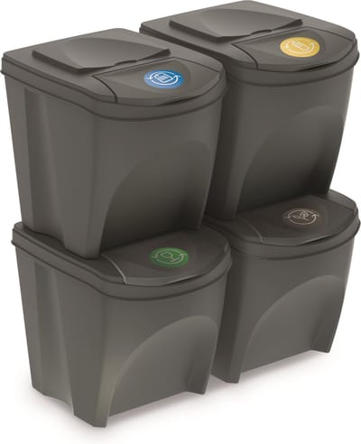 Afvalscheidingsbakken - kunststof - 4x 25 liter - grijs - stapelbaar - 40 x 30 x 34 cm