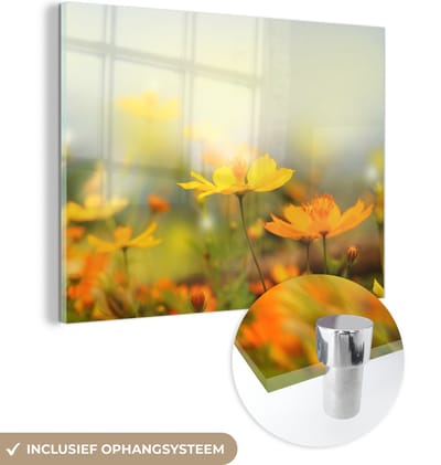 MuchoWow® Glasschilderij 160x120 cm - Schilderij acrylglas - Bloemen - Landschap - Geel - Foto op glas - Schilderijen