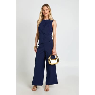 boohoo Dames Petite Gilet Jumpsuit Met Wijde Pijpen | Navy | Maat: 6