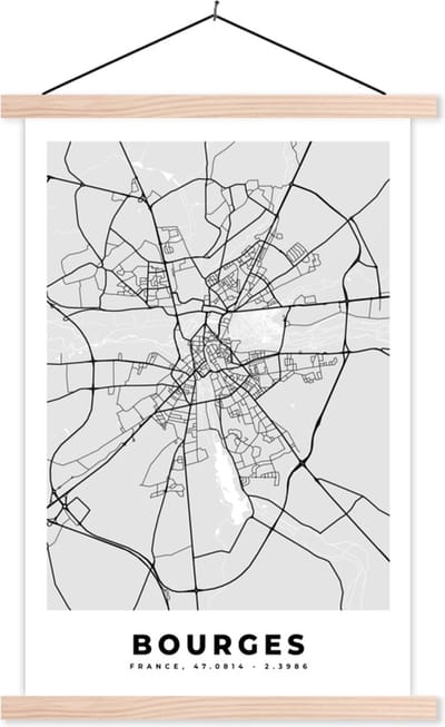 Posterhanger incl. Poster 40x60 cm - Schoolplaat - Kaart - Stadskaart - Bourges - Plattegrond - Frankrijk - Textielposter - Blanke latten - Stadskaart