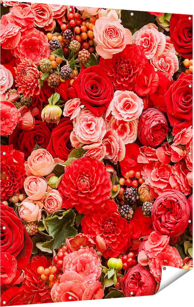 Gards Tuinposter Rode en Roze Bloemen met Fruit - Abstract - 120x160 cm - Tuindoek - Tuindecoratie - Wanddecoratie buiten - Tuinschilderij