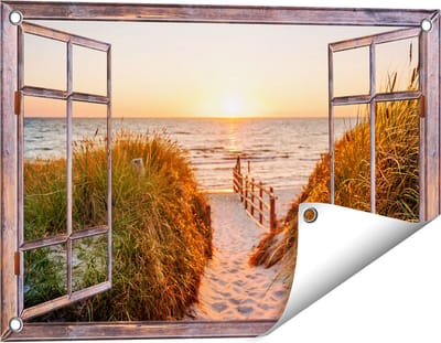 Gards Tuinposter Doorkijk Voetpad in de Duinen met Zonsondergang - 60x40 cm - Tuindoek - Tuindecoratie - Wanddecoratie buiten - Tuinschilderij