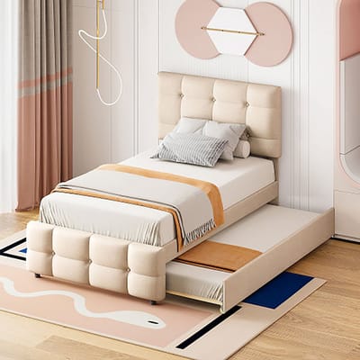 KOMHTOM Volwassenenbed 90x200 cm onderschuifbed kinderbed verstelbaar hoofdeinde eenpersoonsbed extra bed beige