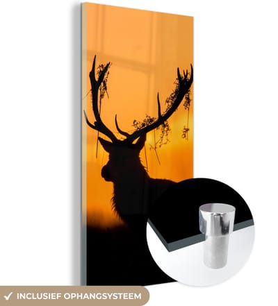 MuchoWow® Glasschilderij 60x120 cm - Schilderij acrylglas - Hert - Oranje - Silhouet - Dieren - Natuur - Foto op glas - Schilderijen