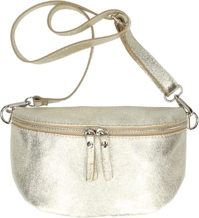 Gouden Metallic Leren Heuptas - Dubbele Rits - Leren Crossbody Tassen - Zilver Beslag - Trendy Dames Tassen - Borse in Pelle - Goud
