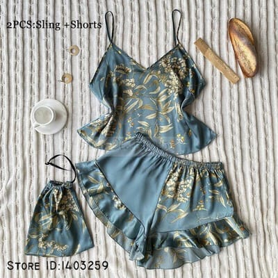 Nieuwe Dames 4-delige Pyjama Set Lente Zomer Satijn Nachtkleding Intieme Lingerie Print Kersenbloesem Nachthemd Losse Huiskleding L gray